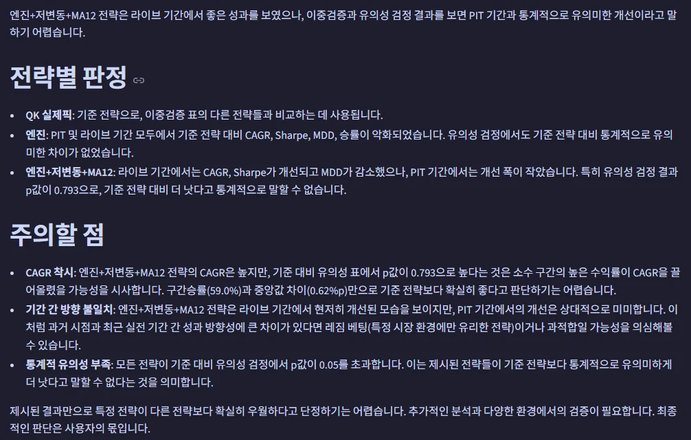 AI review screen in Korean: a one-line verdict followed by a judgment for each strategy and a list of cautions about statistical significance and period disagreement.